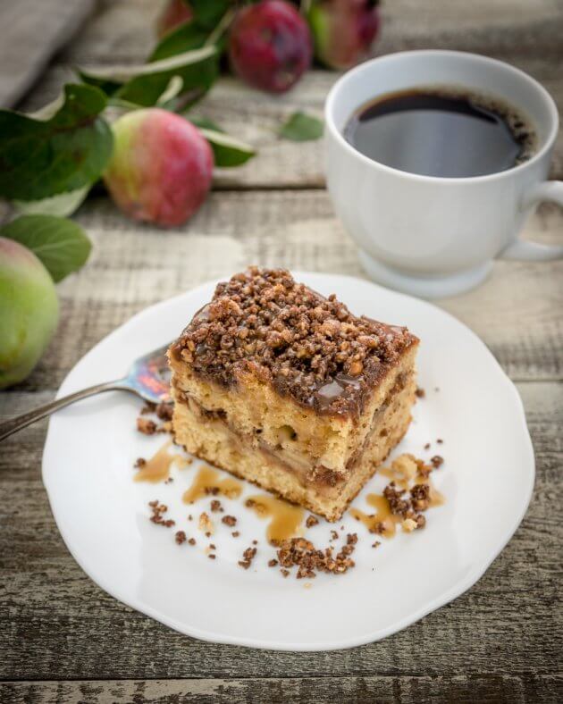 Caramel apple coffee cake enhances a classic recipe with a tempting layer of brown sugar and cinnamon apples. Sure to become a favorite family recipe.
